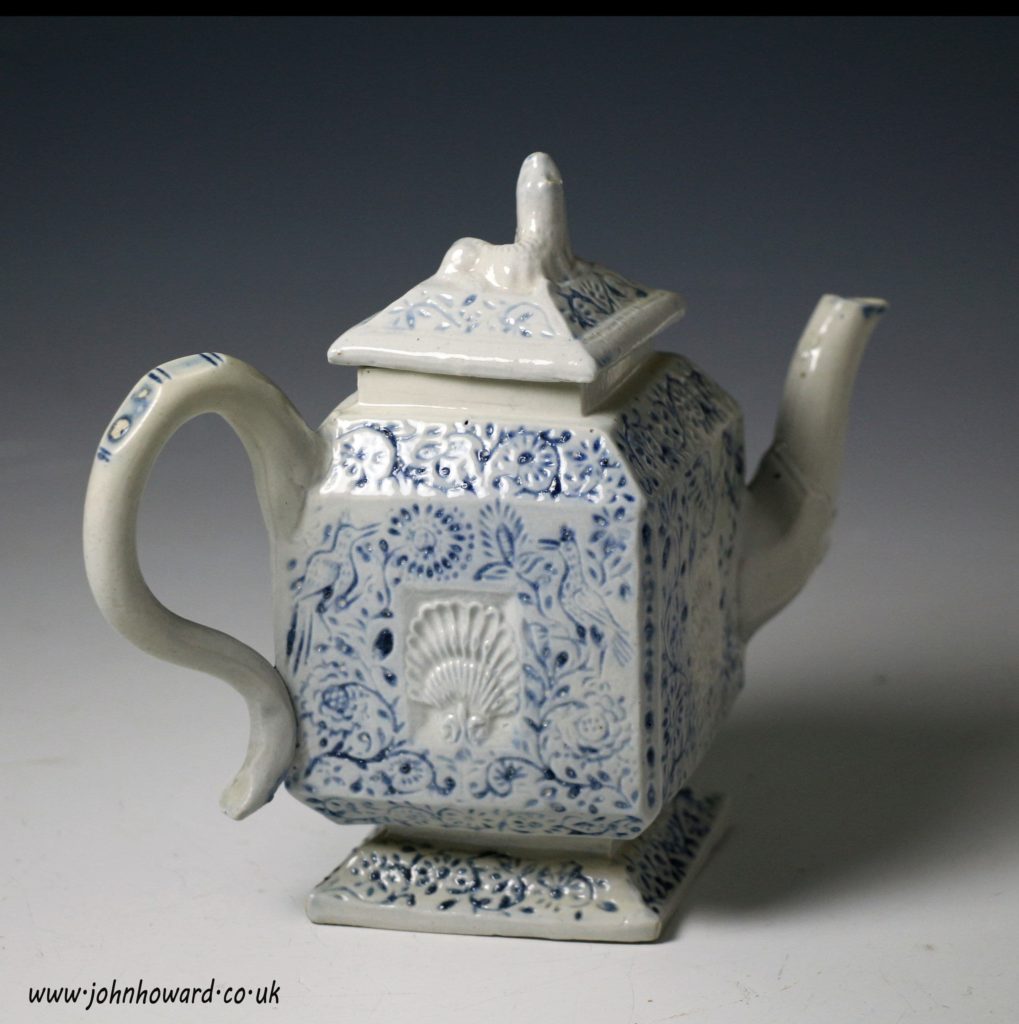 Antique Staffordshire pottery saltglaze teapot relief decorated in blue ...