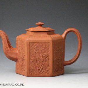 Staffordshire stoneware redware "Chinese" moulded hexagonal teapot mid 18th century England