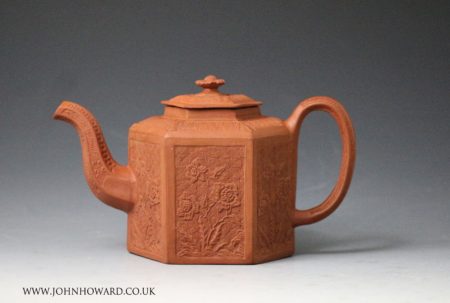 Staffordshire stoneware redware "Chinese" moulded hexagonal teapot mid 18th century England