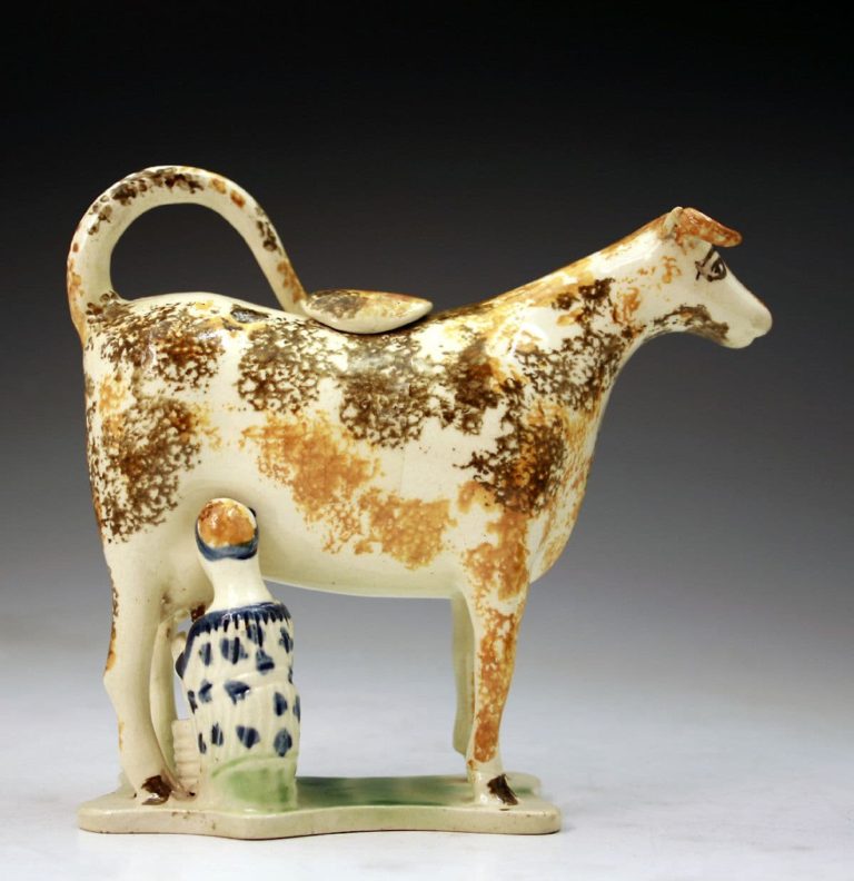 Antique English pottery Prattware cow creamer with milk maid. circa ...