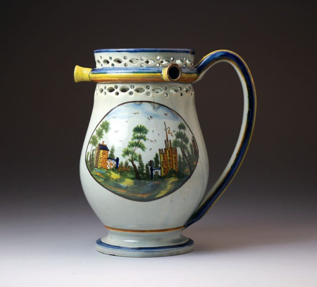 Antique English Pottery Prattware Puzzle Jug C1800 Staffordshire Or