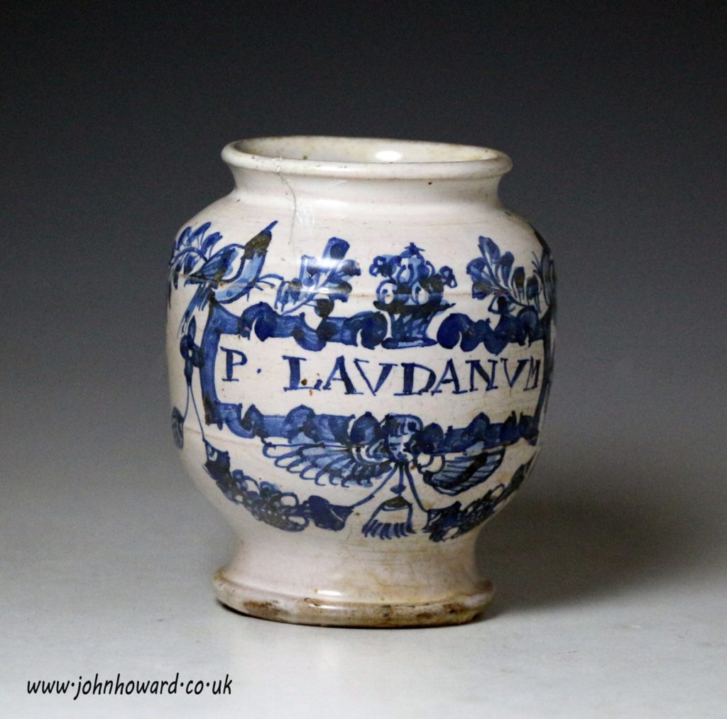 17th century pottery small scale Apothacary Jar with the legend 