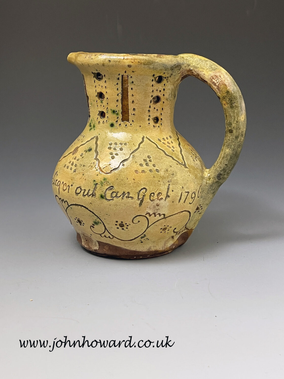 Slipware pottery North Devon puzzle jug with inscription and dated1796 ...