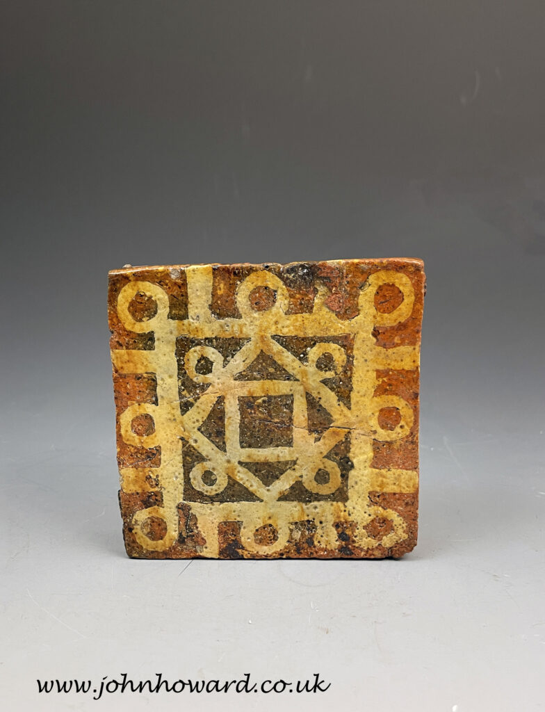 13th century English earthenware medieval floor tile with geometric ...