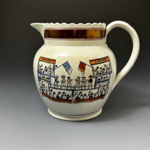 Staffordshire pottery Spring and Langan Pugilistic commemorative pitcher with cartoon type prints  c1825