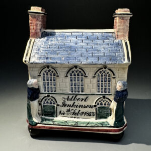 Antique English pottery documentary money box- bank in the form of a Wesleyan Chapel dated 1873