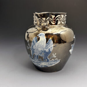 Silver luster pottery pitcher with underglaze blue images of three birds c1815